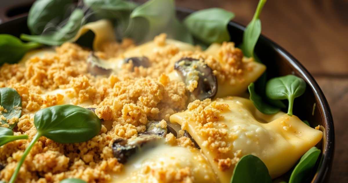 Cheesy Mushroom Ravioli Casserole with Spinach Recipe